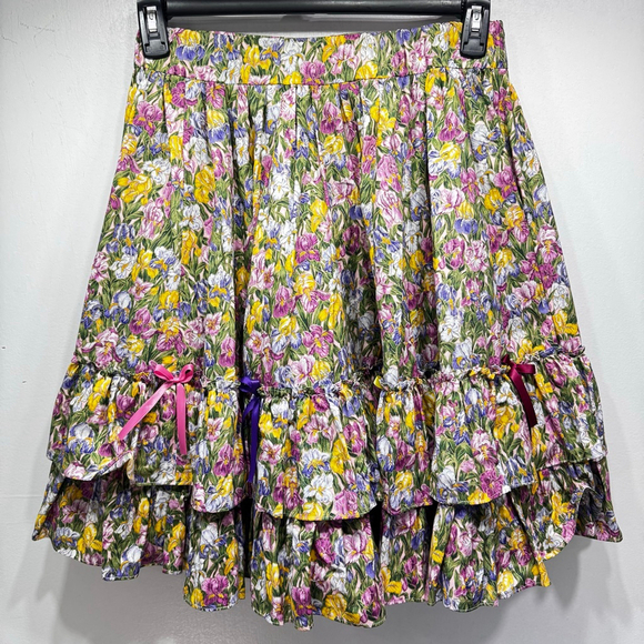 Unbranded Dresses & Skirts - Vintage Handmade Skirt Floral Iris Ruffles Bows Feminine Twirly Girlhoodcore M-L